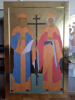 Икона Святых Равноапостольных царя Константина и царицы Елены в процессе работы